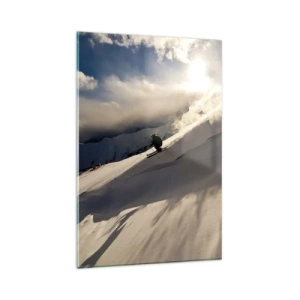 Obraz na szkle - Narciarz na stoku w otoczeniu gór i śniegu - 80x120cm - Podjęte wyzwanie gór - Nowoczesna dekoracja ścienna do salonu i sypialni ARTTOR