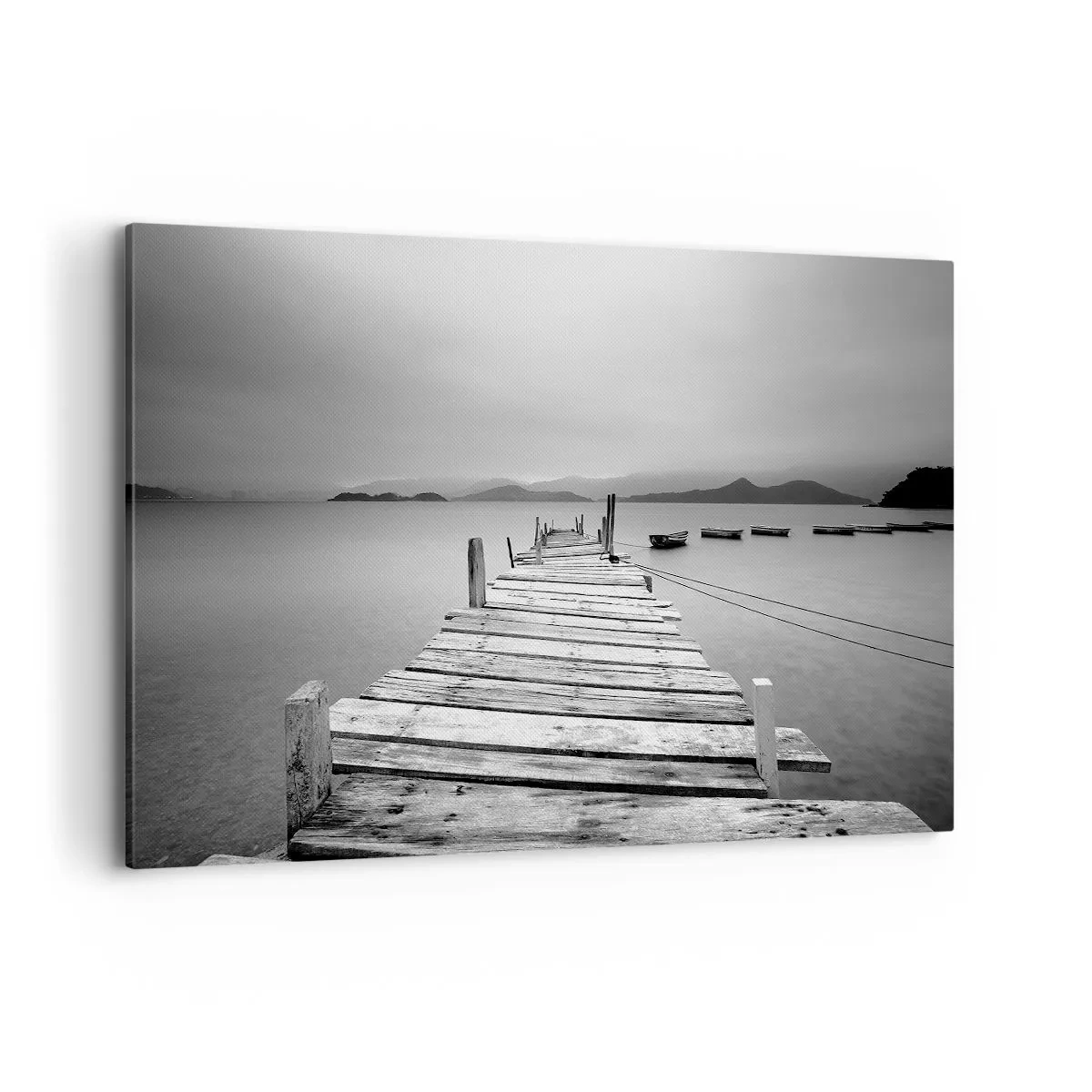 Obraz na płótnie - Czarno-biały widok na drewniany pomost i spokojne jezioro - 120x80cm - Za górami, za morzami - Nowoczesna dekoracja ścienna do salonu, kuchni i sypialni ARTTOR