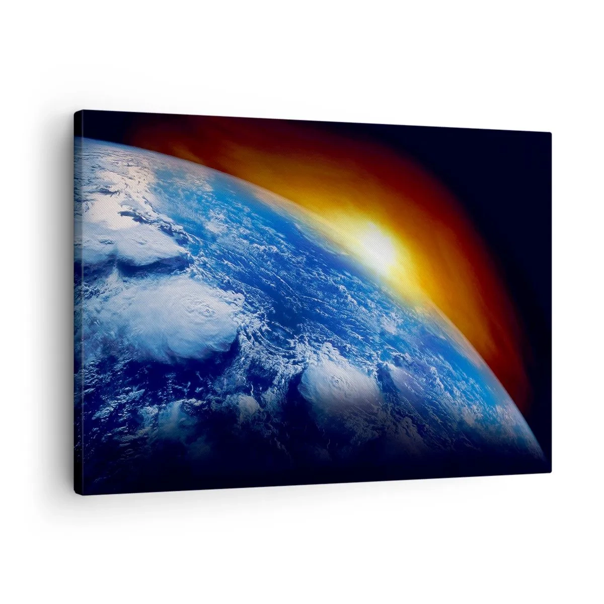 Obraz na płótnie - Widok na Ziemię z kosmosu przy zachodzącym słońcu - 70x50cm - Wschód słońca nad błękitną planetą - Nowoczesna dekoracja ścienna do salonu i sypialni ARTTOR
