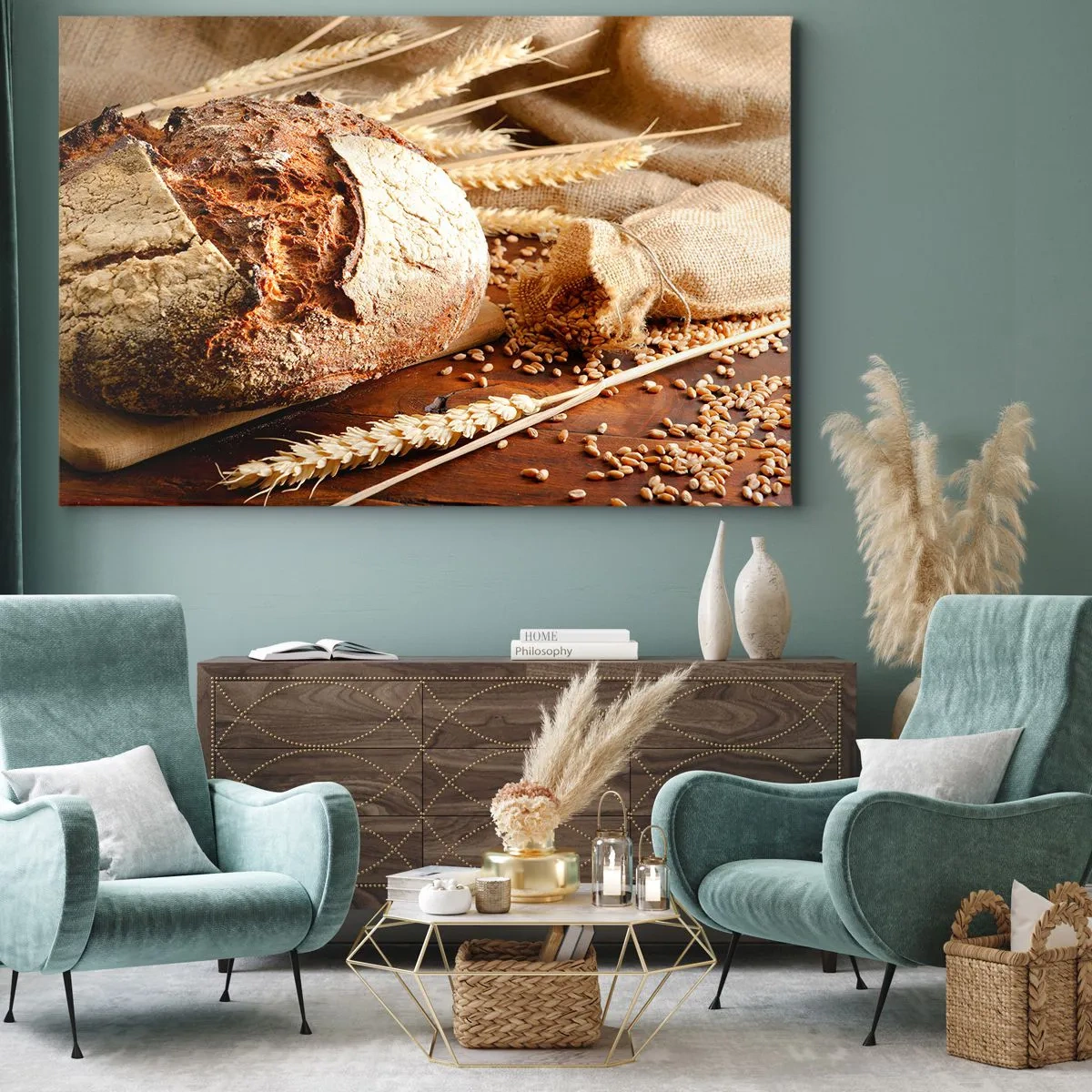 Obraz na płótnie - Chrupiący chleb z ziarnami i kłosami pszenicy na drewnianym tle - 70x50cm - Apetyczny, wonny, chrupiący - Nowoczesna dekoracja ścienna do salonu i sypialni ARTTOR