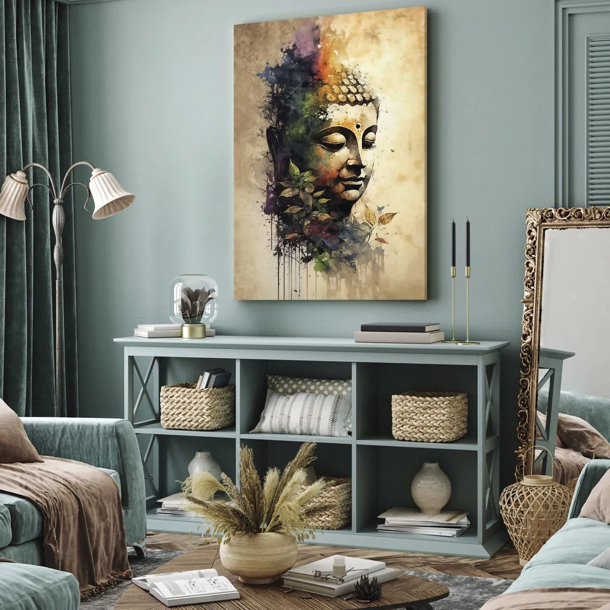 Obraz na płótnie - Kolorowy portret Buddy w stylu akwarelowym z duchowym klimatem - 50x70cm - Namaste! - Nowoczesna dekoracja ścienna do salonu, kuchni i sypialni ARTTOR