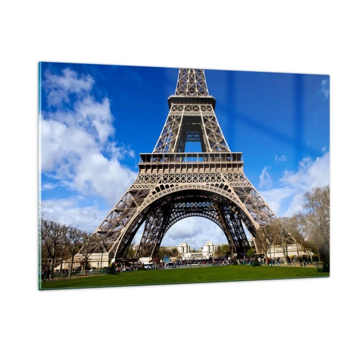 Obraz na szkle - Wieża Eiffla na tle błękitnego nieba - 120x80cm - Cały Paryż u jej stóp - Nowoczesna dekoracja ścienna do salonu, kuchni i sypialni ARTTOR