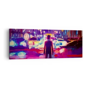 Obraz na płótnie - Mężczyzna w neonowej scenerii miejskiej nocy - 140x50cm - Zanurzony w świetle - Nowoczesna dekoracja ścienna do salonu i sypialni ARTTOR