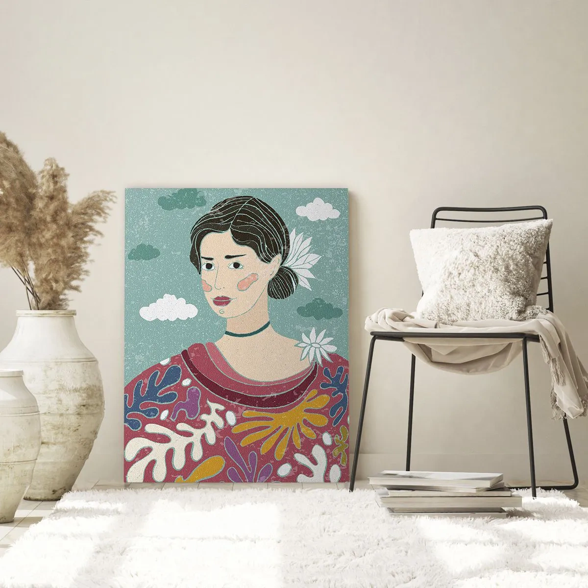 Obraz na szkle - Portret kobiety w artystycznym stylu z florystycznymi wzorami na tle chmur - 80x120cm - Z melancholią w spojrzeniu - Nowoczesna dekoracja ścienna do salonu i sypialni ARTTOR