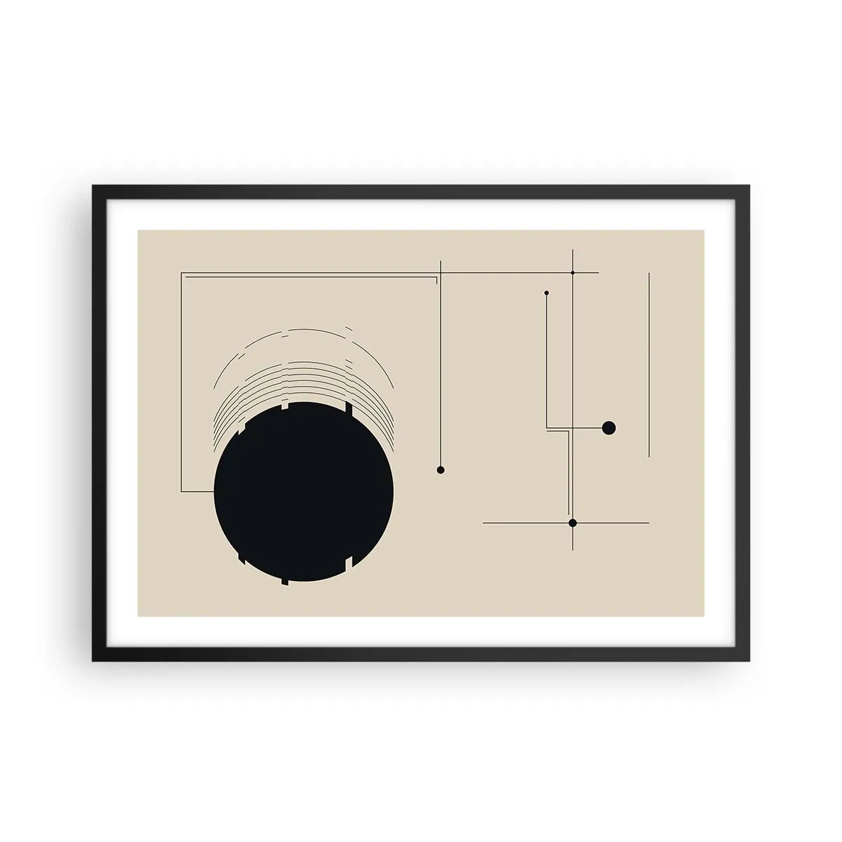 Plakat w czarnej ramie - Czarne geometryczne linie i okrąg na beżowym tle - 70x50cm - Sprężysta i dynamiczna kompozycja - Nowoczesna dekoracja ścienna do salonu i sypialni ARTTOR