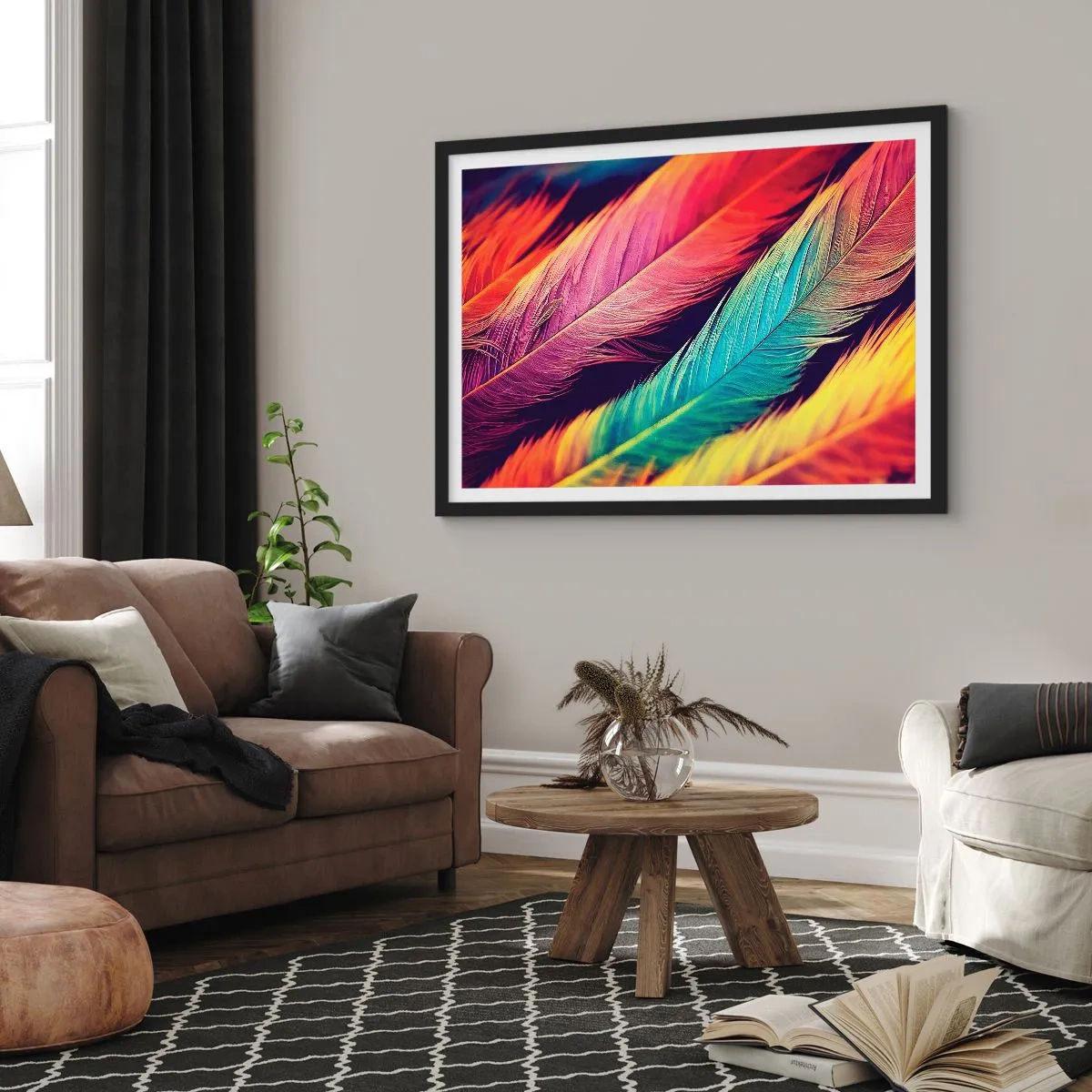 Plakat w czarnej ramie - Kolorowe pióra w intensywnych barwach - 70x50cm - Pierzasta tęcza - Nowoczesna dekoracja ścienna do salonu i sypialni ARTTOR