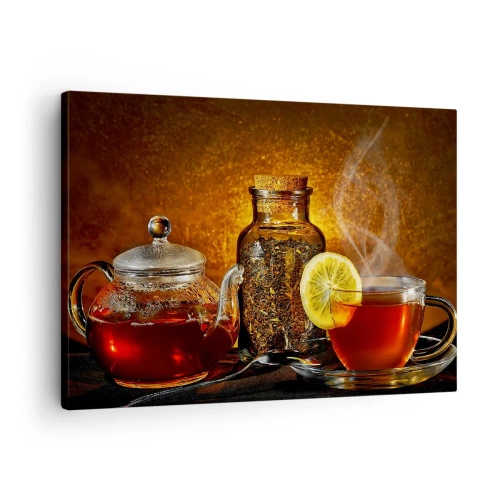 Obraz na płótnie - Herbata w szklanym dzbanku z cytryną i sypaną herbatą - 70x50cm - W stylu holenderskich mistrzów - Nowoczesna dekoracja ścienna do salonu i sypialni ARTTOR
