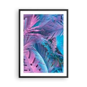 Plakat w czarnej ramie - Kolorowe liście tropikalne w neonowych odcieniach różu i błękitu - 50x70cm - Tropiki w różu i błękicie - Nowoczesna dekoracja ścienna do salonu i sypialni ARTTOR
