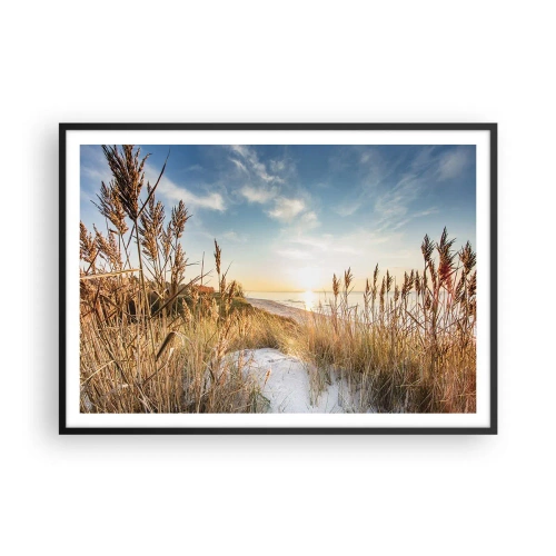 Plakat w czarnej ramie - Malownicza plaża z trawami i zachodzącym słońcem - 100x70cm - Północna plaża - Nowoczesna dekoracja ścienna do salonu i sypialni ARTTOR