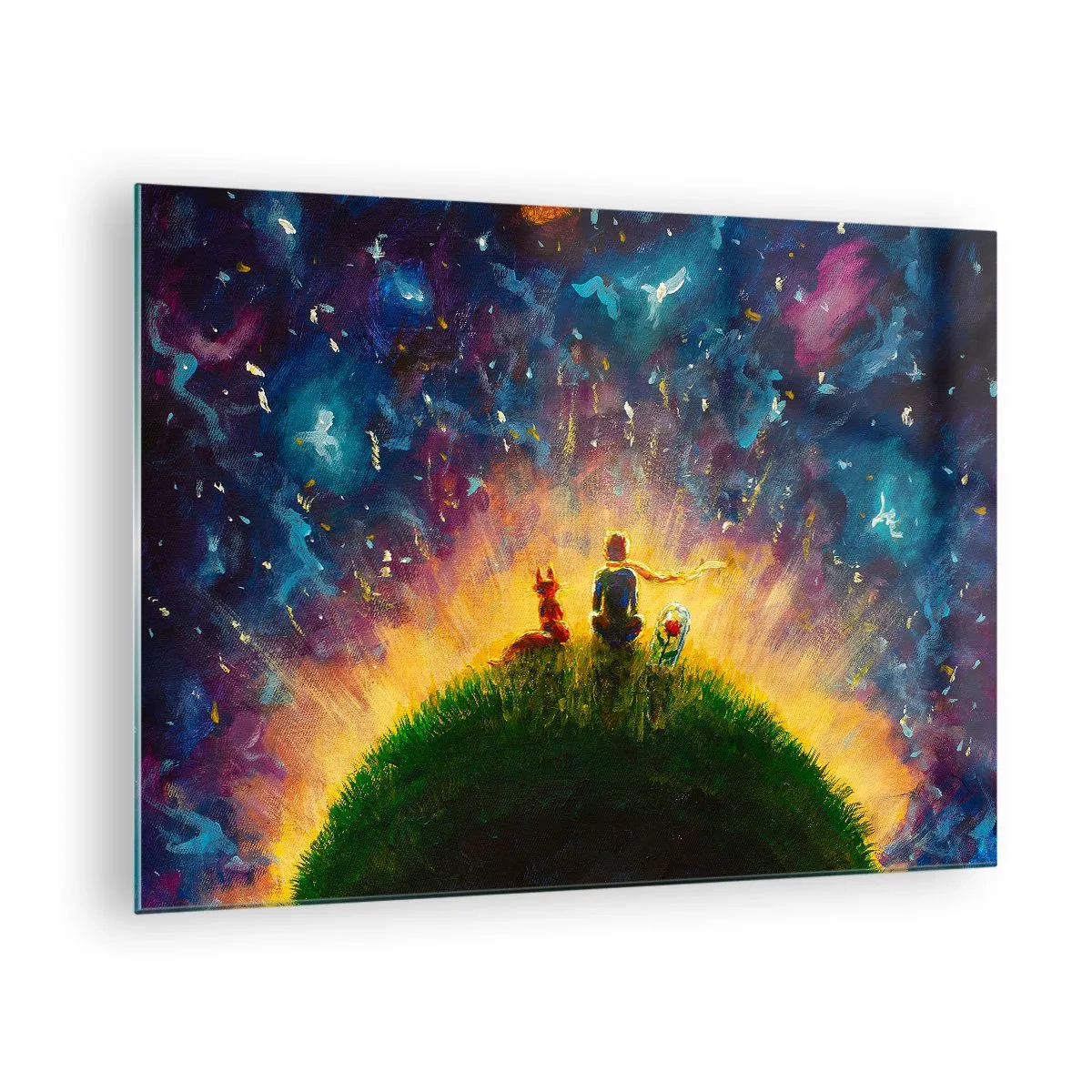 Obraz na szkle - Postać z lisem na planecie pod gwiaździstym niebem - 70x50cm - Miłość i przyjaźń - cały świat - Nowoczesna dekoracja ścienna do salonu i sypialni ARTTOR