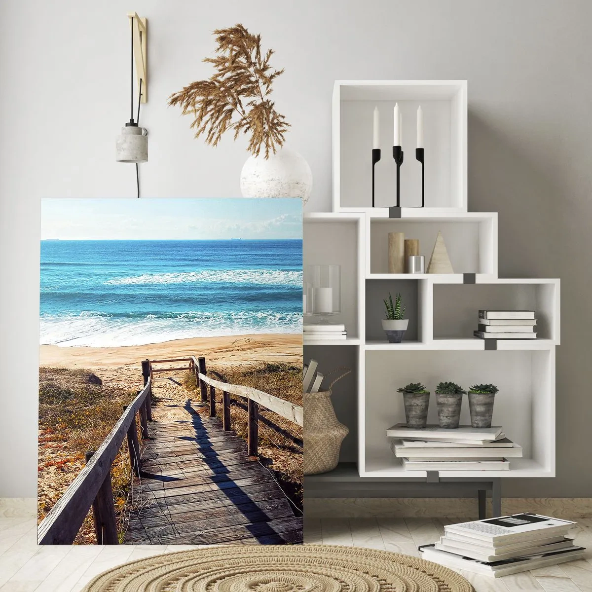 Obraz na szkle - Drewniana ścieżka prowadząca na plażę z widokiem na ocean - 50x70cm - Biegnij! - Nowoczesna dekoracja ścienna do salonu, kuchni i sypialni ARTTOR