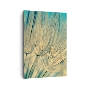 Obraz na płótnie - Makrofotografia dmuchawca w pastelowych odcieniach błękitu i beżu - 50x70cm - W oczekiwaniu na wiatr - Nowoczesna dekoracja ścienna do salonu, kuchni i sypialni ARTTOR