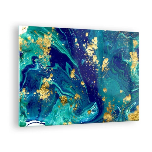 Obraz na szkle - Abstrakcyjny wzór w odcieniach turkusu i granatu z złotymi akcentami - 70x50cm - Płatki słońca  - Nowoczesna dekoracja ścienna do salonu i sypialni ARTTOR