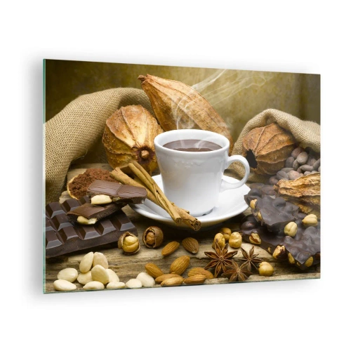 Obraz na szkle - Filiżanka gorącej czekolady otoczona czekoladą i przyprawami - 70x50cm - Dla poszukiwaczy wrażeń - Nowoczesna dekoracja ścienna do salonu i sypialni ARTTOR