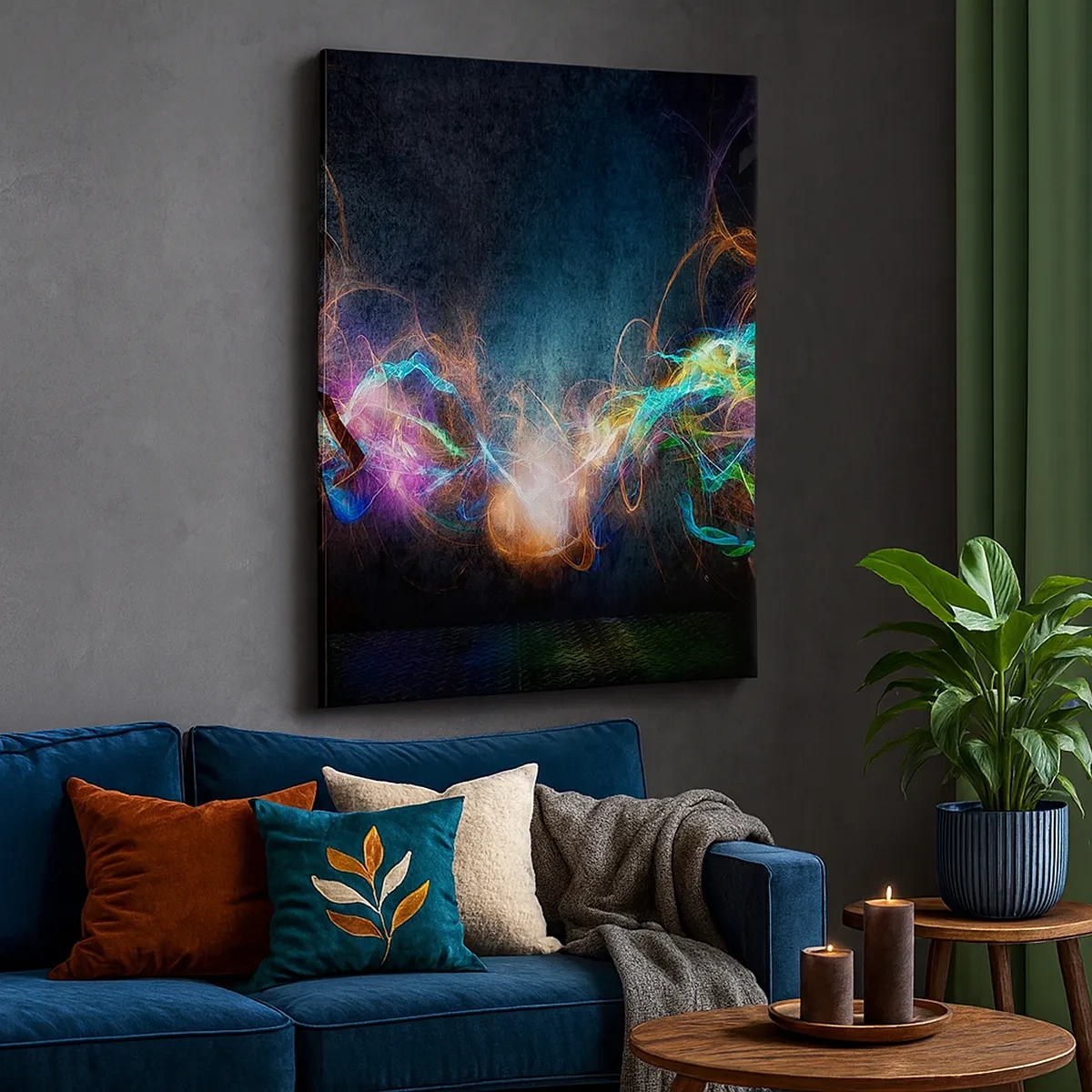 Obraz na płótnie - Kolorowe świetlne smugi na ciemnym tle - 50x70cm - Radośnie przeciw ciemności - Nowoczesna dekoracja ścienna do salonu, kuchni i sypialni ARTTOR