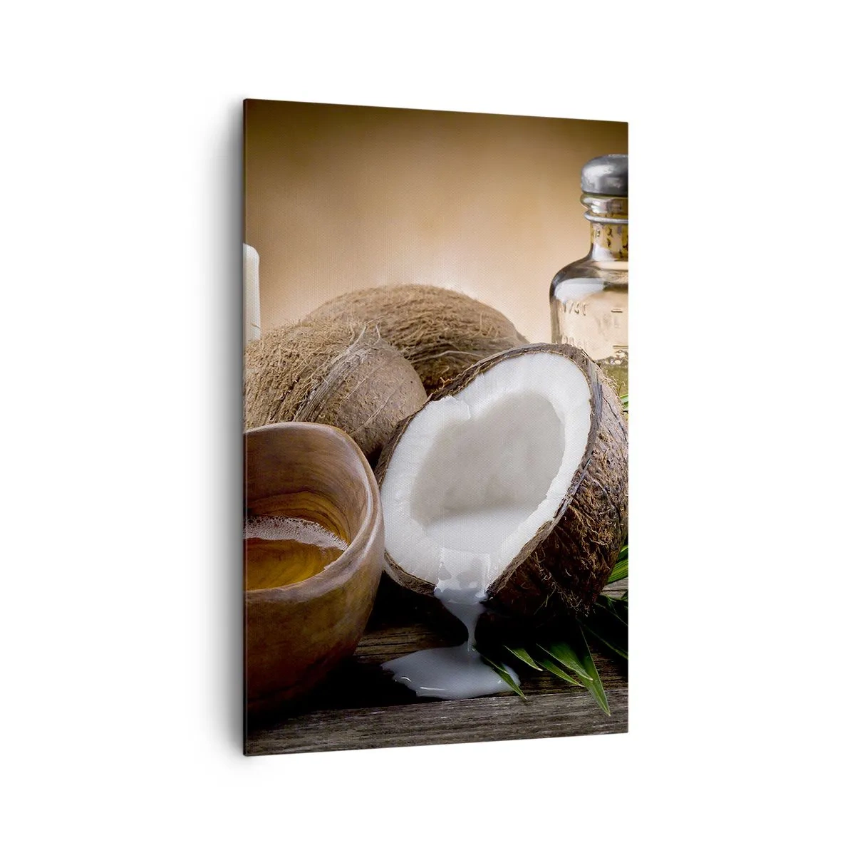 Obraz na płótnie - Kokosy, świeca i olejek na drewnianym tle - 80x120cm - Zdrowie z tropikalnych wysp - Nowoczesna dekoracja ścienna do salonu i sypialni ARTTOR