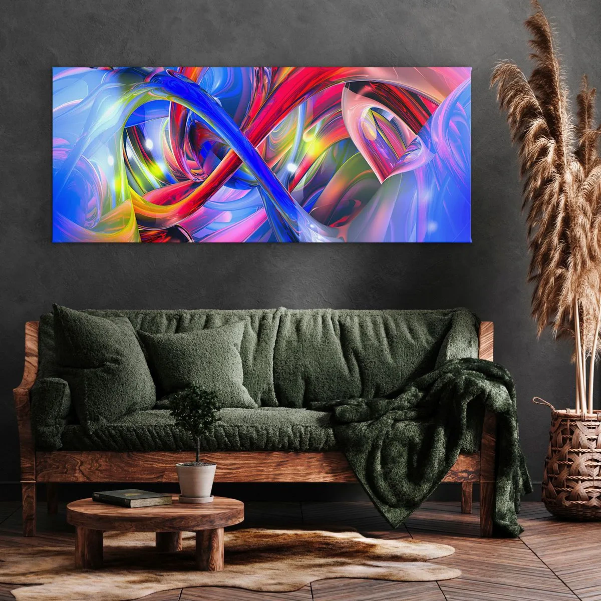 Obraz na płótnie - Abstrakcyjne, kolorowe kompozycje geometryczne w dynamicznych kształtach - 160x50cm - Taniec barw - Nowoczesna dekoracja ścienna do salonu i sypialni ARTTOR
