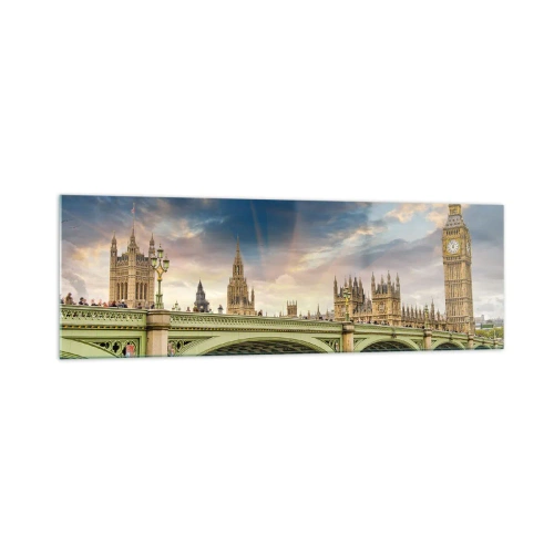 Obraz na szkle - Big Ben i Westminster Bridge na tle nieba o zmierzchu - 160x50cm - Czas stanął w Imperium - Nowoczesna dekoracja ścienna do salonu i sypialni ARTTOR