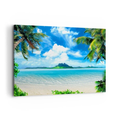 Obraz na płótnie - Tropikalna plaża z palmami i widokiem na wyspę - 100x70cm - Lazur tropików - Nowoczesna dekoracja ścienna do salonu, kuchni i sypialni ARTTOR