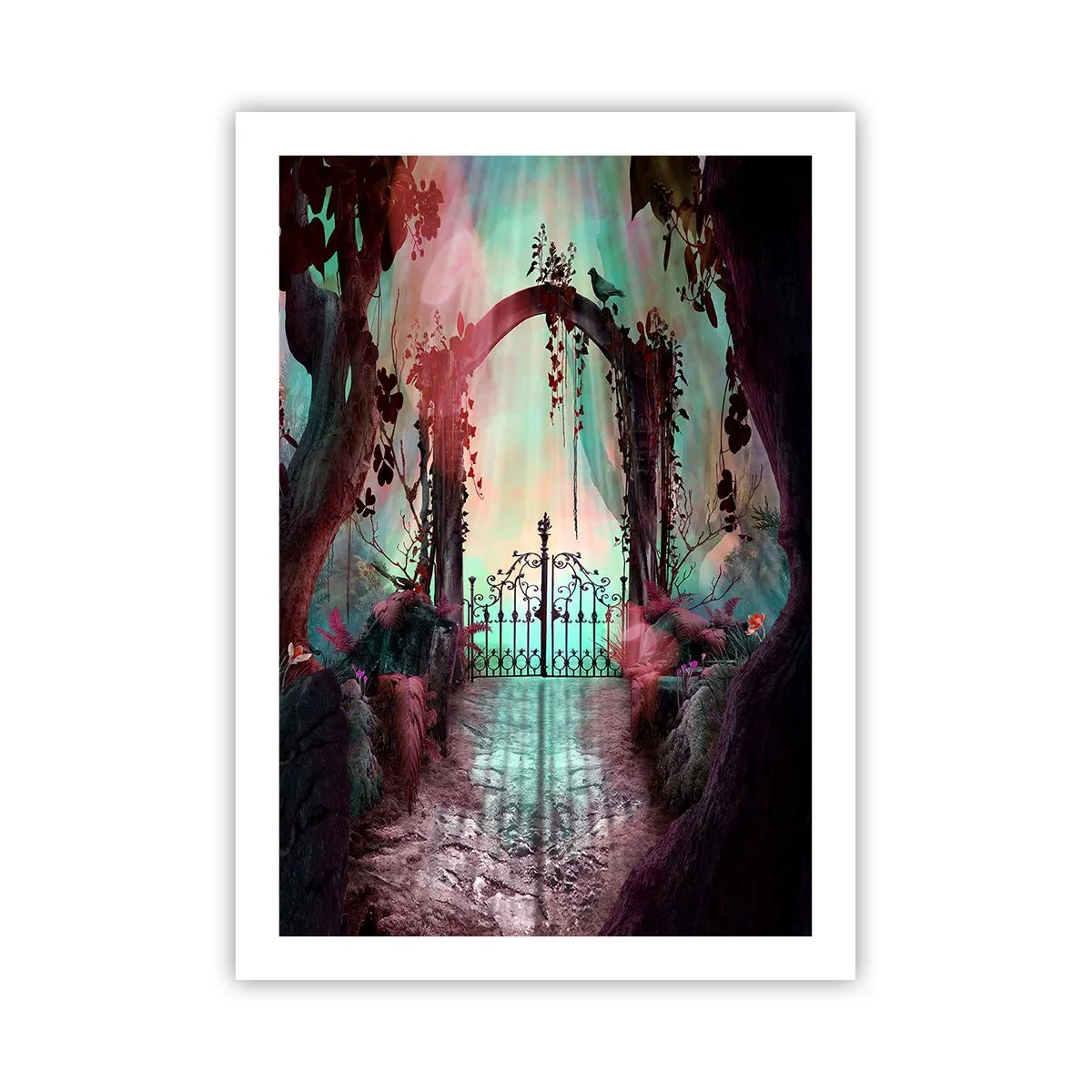 Plakat - Tajemnicza brama w lesie z barwnym tłem - 50x70cm - Tajemniczy ogród - Nowoczesna dekoracja ścienna do salonu, kuchni i sypialni ARTTOR