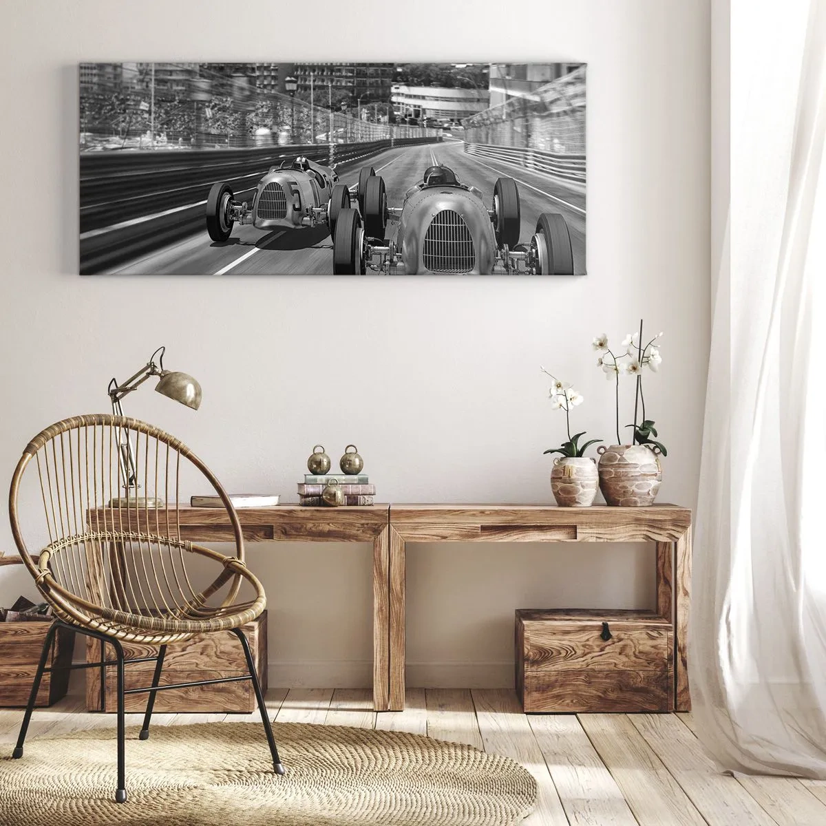 Obraz na płótnie - Monochromatyczna scena wyścigu retro samochodów - 160x50cm - Dawno temu w Monte Carlo - Nowoczesna dekoracja ścienna do salonu i sypialni ARTTOR