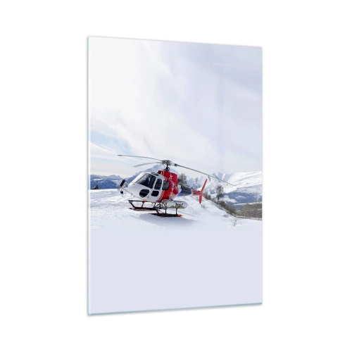 Obraz na szkle - Czerwony helikopter w zimowej scenerii gór - 50x70cm - Zawsze gotowy - Nowoczesna dekoracja ścienna do salonu, kuchni i sypialni ARTTOR