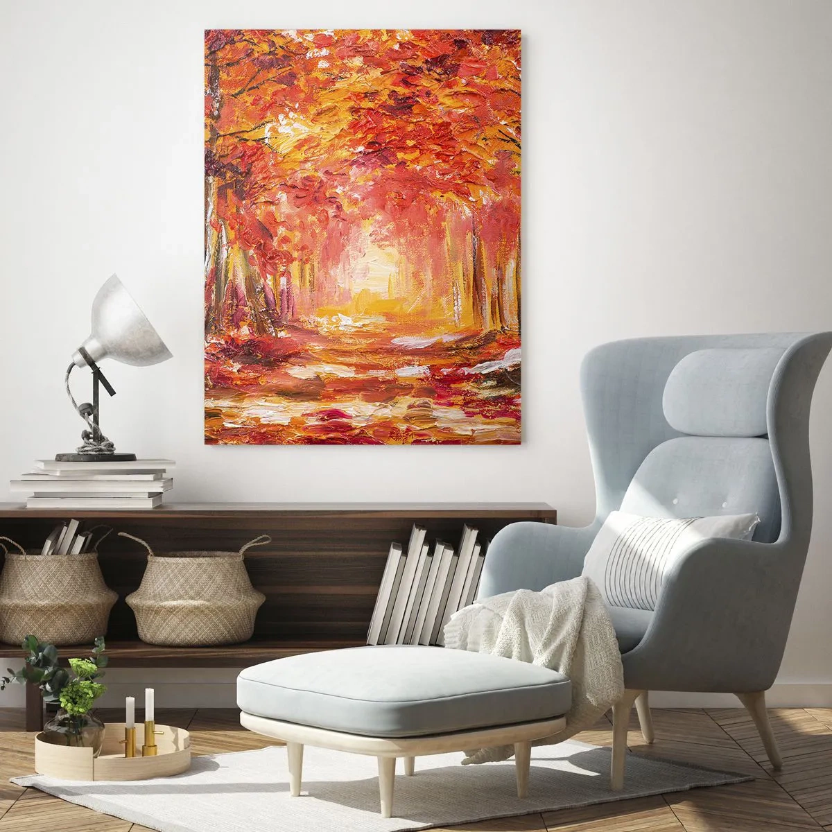 Obraz na szkle - Jesienny krajobraz z drzewami w ciepłych barwach - 50x70cm - Miedziany las - Nowoczesna dekoracja ścienna do salonu, kuchni i sypialni ARTTOR