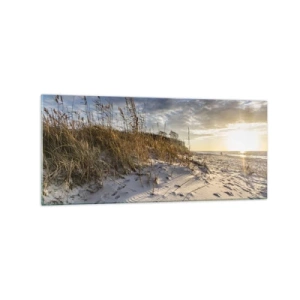 Obraz na szkle - Wydmy z trawą i ślady na piasku przy zachodzie słońca - 120x50cm - Zaproszenie na spacer - Nowoczesna dekoracja ścienna do salonu i sypialni ARTTOR
