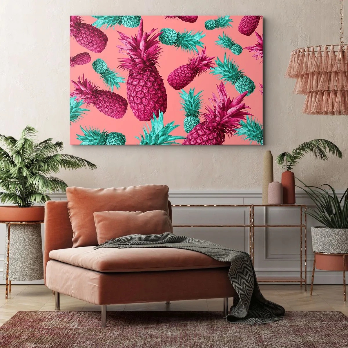 Obraz na płótnie - Egzotyczne ananasy w różowo-turkusowej kolorystyce - 70x50cm - Wolność jest słodka - Nowoczesna dekoracja ścienna do salonu i sypialni ARTTOR