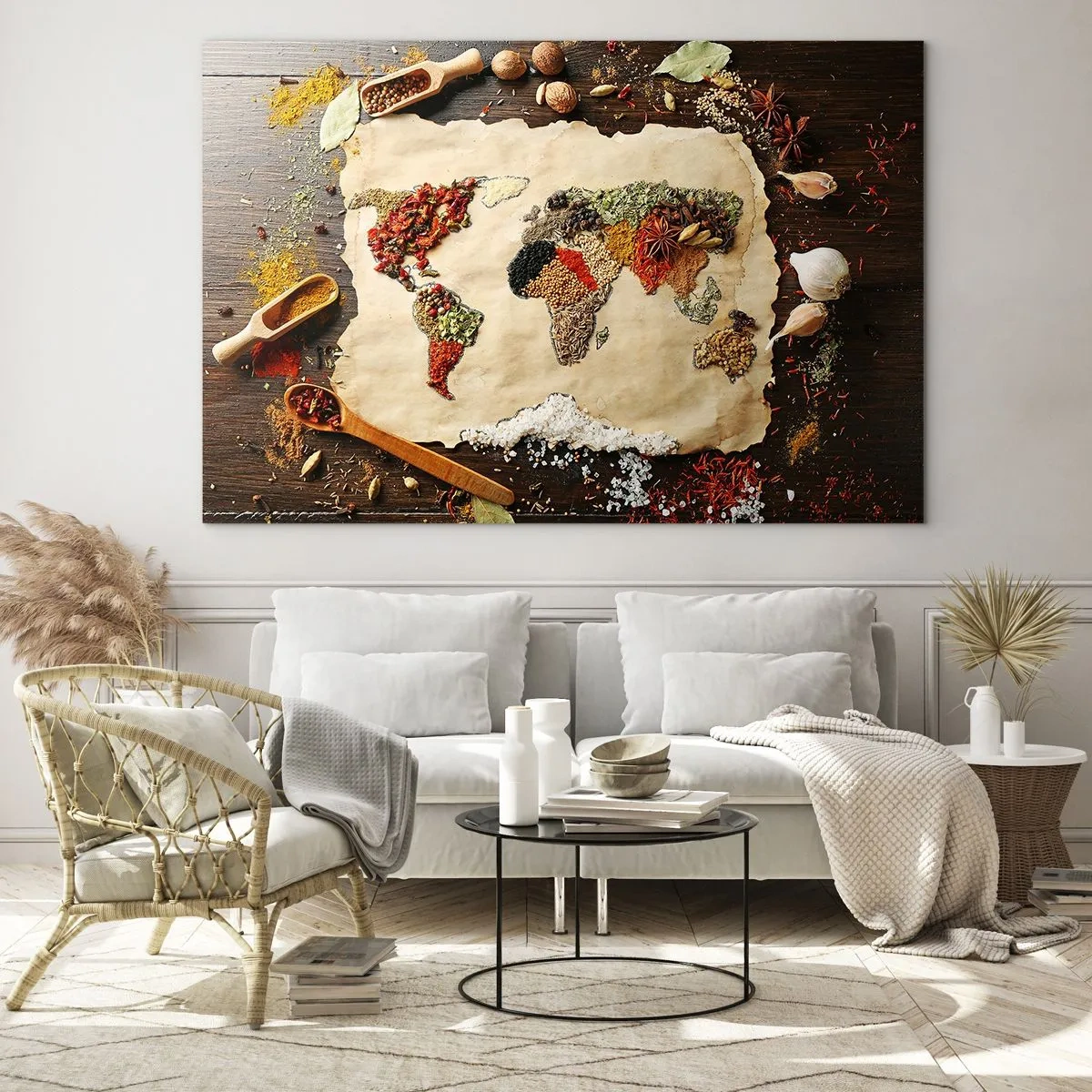Obraz na szkle - Mapa świata ułożona z różnorodnych przypraw na rustykalnym tle - 70x50cm - Wszystkie smaki świata - Nowoczesna dekoracja ścienna do salonu i sypialni ARTTOR