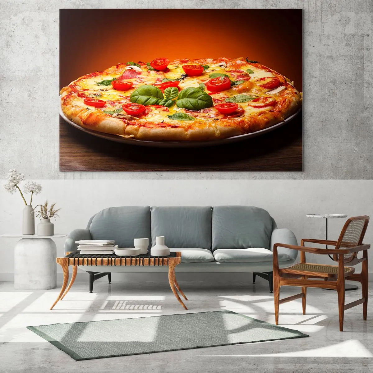Obraz na szkle - Pizza z pomidorami, bazylią i roztopionym serem - 70x50cm - Mamma mia! - Nowoczesna dekoracja ścienna do salonu i sypialni ARTTOR