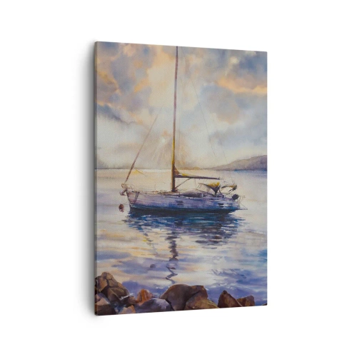 Obraz na płótnie - Malowniczy obraz jachtu na spokojnym morzu o zachodzie słońca, w stylu akwareli - 50x70cm - Wieczór w zatoce - Nowoczesna dekoracja ścienna do salonu, kuchni i sypialni ARTTOR