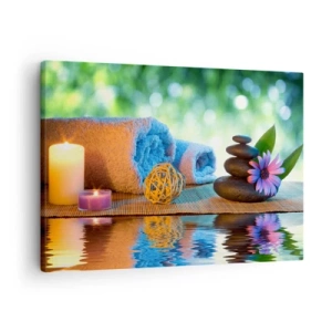 Obraz na płótnie - Relaksacyjny zestaw SPA z ręcznikami, świecami i kamieniami - 70x50cm - Czas dla ciała - Nowoczesna dekoracja ścienna do salonu i sypialni ARTTOR