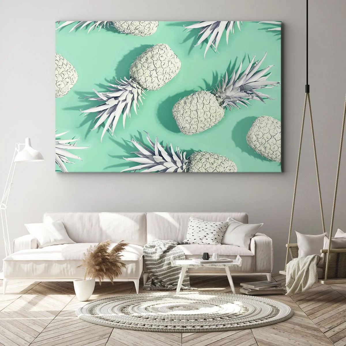 Obraz na płótnie - Białe ananasy na pastelowym tle w stylu minimalistycznym - 100x70cm - świetnie komponują się z miętą - Nowoczesna dekoracja ścienna do salonu, kuchni i sypialni ARTTOR