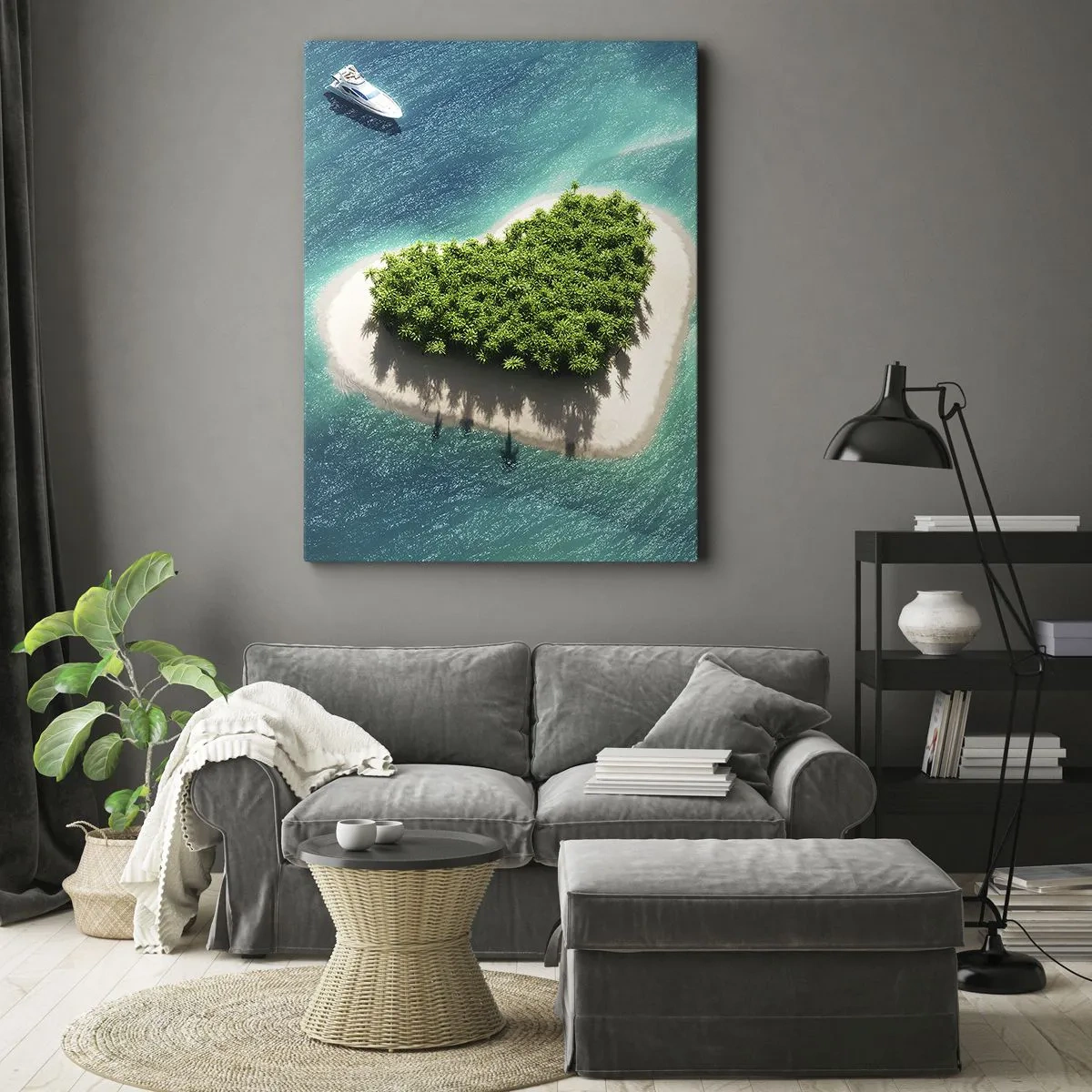 Obraz na płótnie - Romantyczna wyspa w kształcie serca na turkusowym morzu - 80x120cm - Kocham lato - Nowoczesna dekoracja ścienna do salonu i sypialni ARTTOR