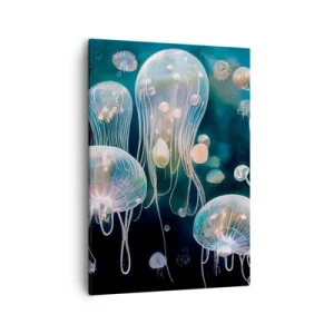 Obraz na płótnie - Eteryczne meduzy unoszące się w głębinach oceanu z delikatnym światłem - 50x70cm - Podwodny bal - Nowoczesna dekoracja ścienna do salonu, kuchni i sypialni ARTTOR