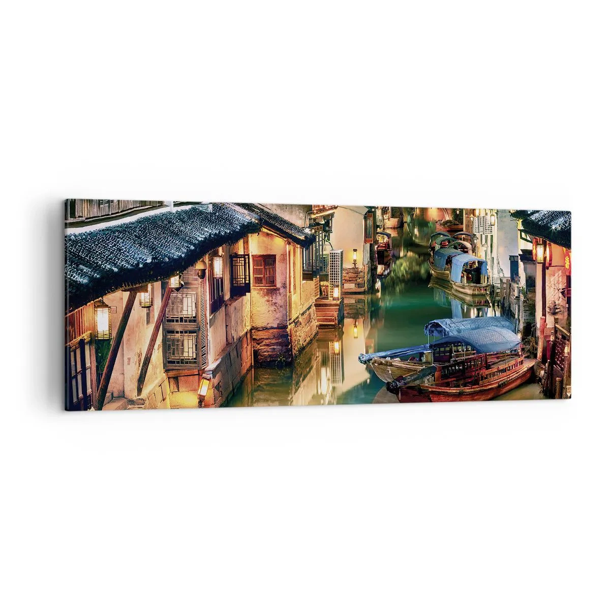 Obraz na płótnie - Nocny widok na kanały z tradycyjnymi łodziami i domami - 140x50cm - Wieczór na chińskiej ulicy - Nowoczesna dekoracja ścienna do salonu i sypialni ARTTOR