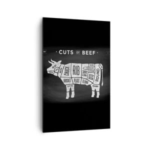 Obraz na płótnie - Diagram cięć wołowych na czarnym tle - 80x120cm - Elementarz masarza - Nowoczesna dekoracja ścienna do salonu i sypialni ARTTOR
