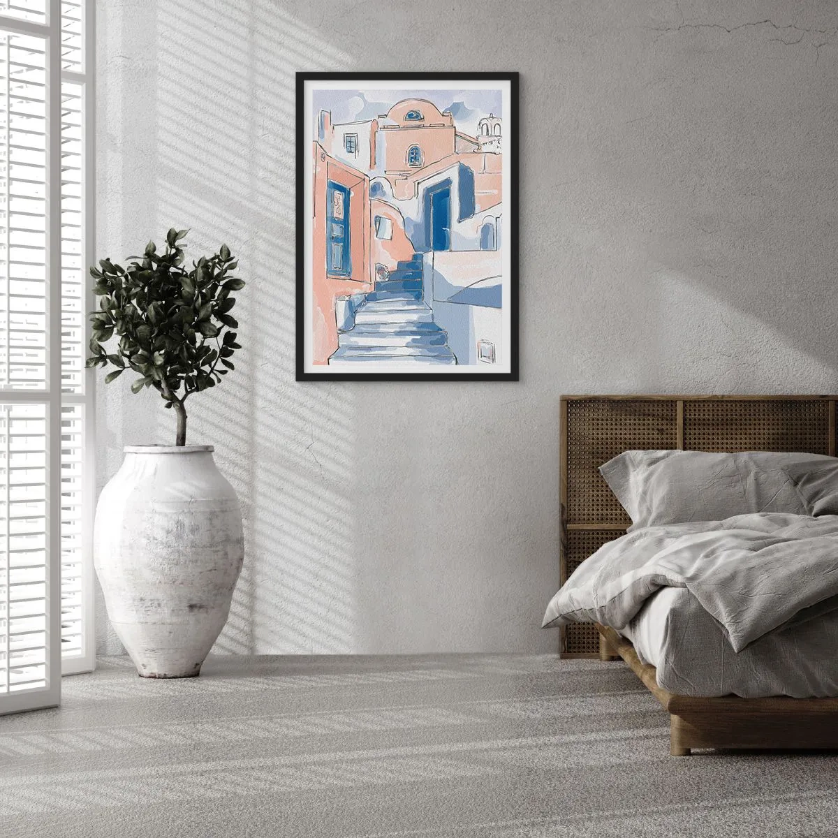 Plakat w czarnej ramie - Malownicza uliczka w stylu śródziemnomorskim w odcieniach błękitu - 50x70cm - Egzotyczne miasto - Nowoczesna dekoracja ścienna do salonu i sypialni ARTTOR