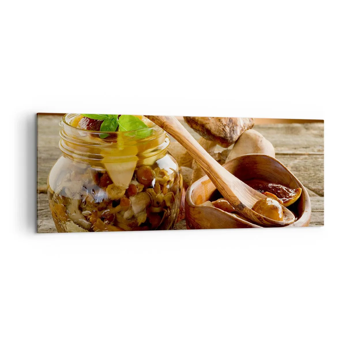Obraz na płótnie - Naturalne grzyby w słoiku na rustykalnym stole - 140x50cm - Czy świeży, czy solony, czy jesiennej pory... - Nowoczesna dekoracja ścienna do salonu i sypialni ARTTOR