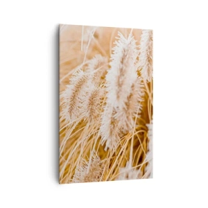 Obraz na płótnie - Zbliżenie na złote, delikatne trawy w promieniach słońca - 80x120cm - Złoty szelest traw - Nowoczesna dekoracja ścienna do salonu i sypialni ARTTOR