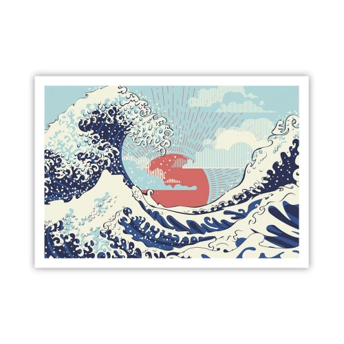 Plakat - Fale oceanu i zachodzące słońce w stylu japońskim - 100x70cm - Z japońskich inspiracji - Nowoczesna dekoracja ścienna do salonu i sypialni ARTTOR
