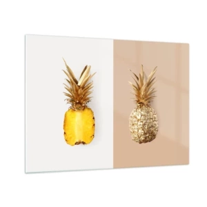 Obraz na szkle - Przekrojony i złoty ananas na dwóch kontrastowych tłach - 70x50cm - Ananas dla nas - Nowoczesna dekoracja ścienna do salonu i sypialni ARTTOR