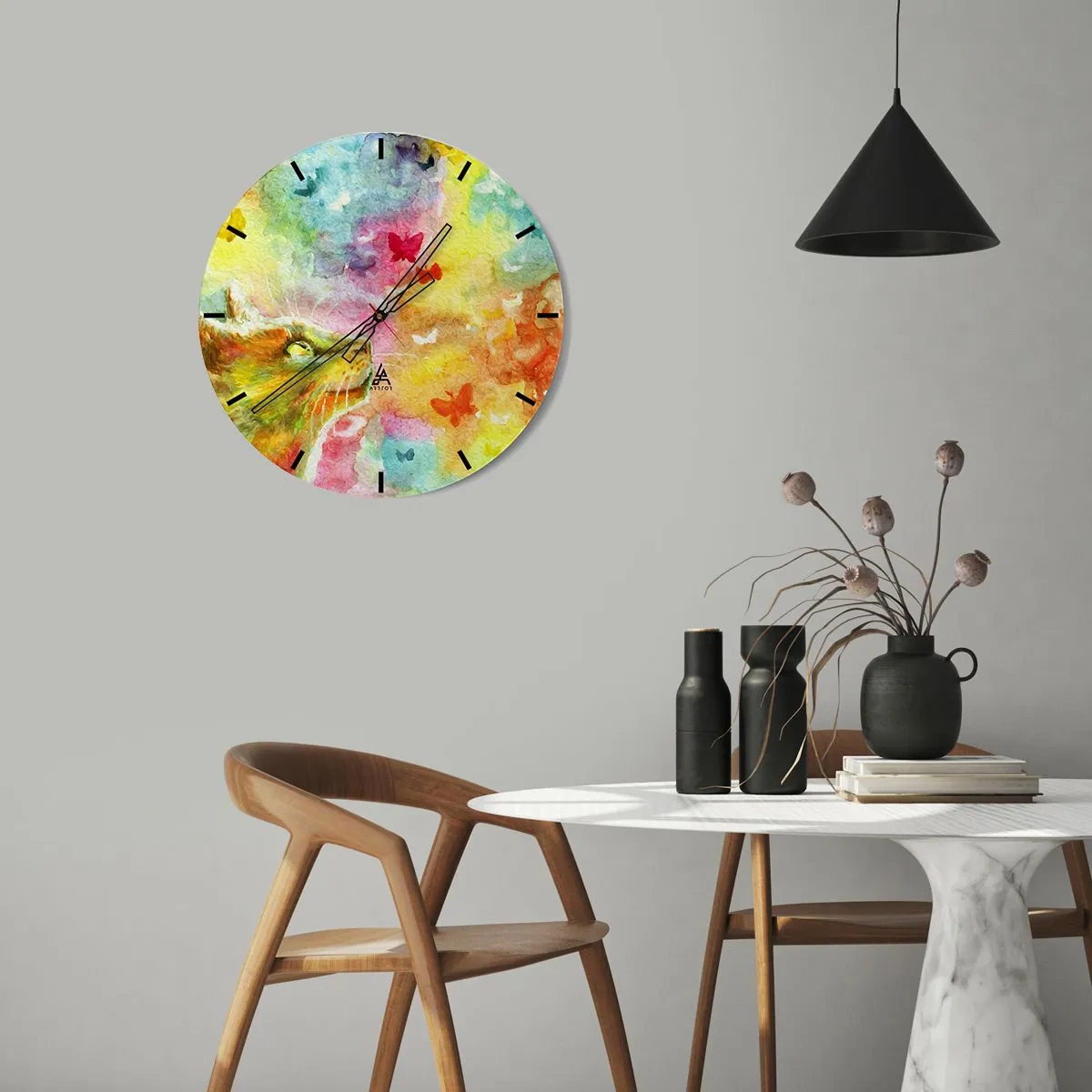 Zegar ścienny - Kot w otoczeniu kolorowych motyli - 30x30cm - Baju-baju w kocim raju - Nowoczesna dekoracja ścienna do salonu, kuchni i sypialni ARTTOR