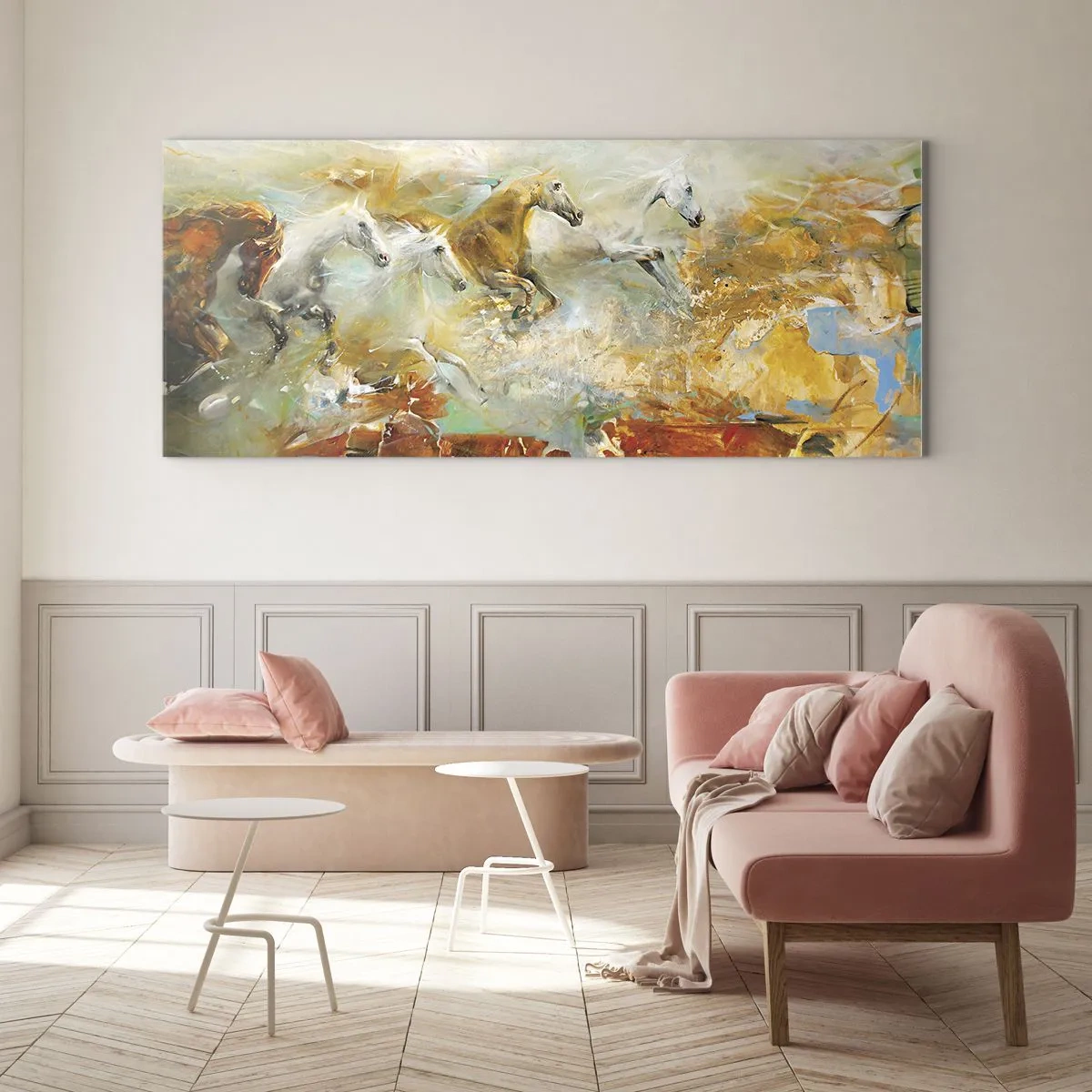 Obraz na szkle - Artystyczne konie w dynamicznej scenerii pełnej kolorów - 140x50cm - Galopem przez światło - Nowoczesna dekoracja ścienna do salonu i sypialni ARTTOR