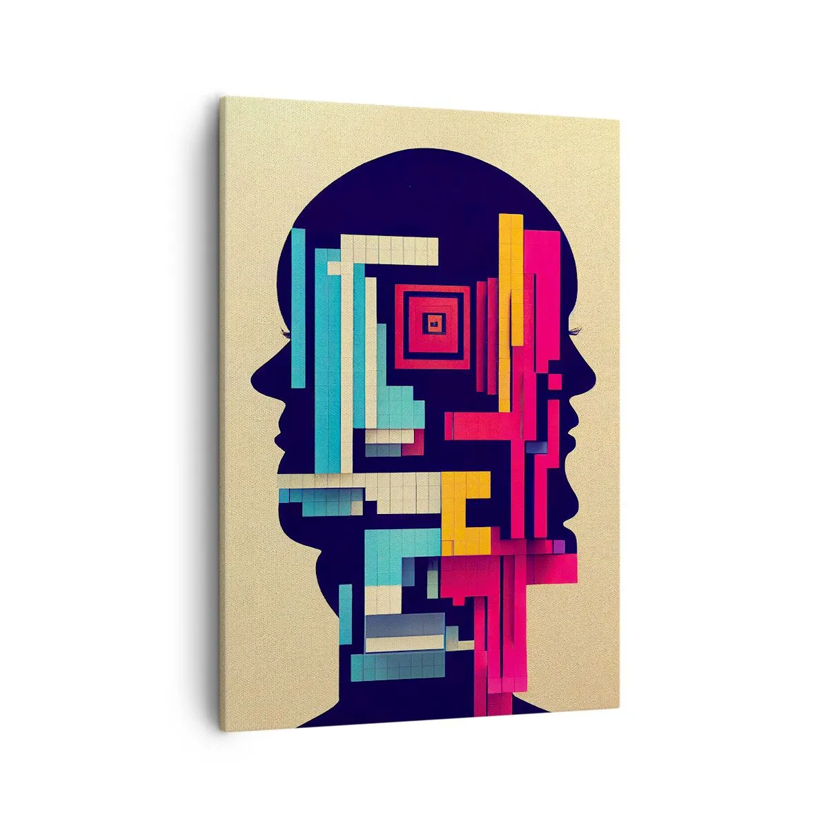 Obraz na płótnie - Abstrakcyjna ilustracja dwóch ludzkich sylwetek w geometrycznym stylu - 50x70cm - Nowe więzi - Nowoczesna dekoracja ścienna do salonu, kuchni i sypialni ARTTOR