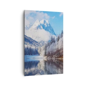 Obraz na płótnie - Zimowy krajobraz górski z ośnieżonymi drzewami i jeziorem - 80x120cm - Śnieżna straż - Nowoczesna dekoracja ścienna do salonu i sypialni ARTTOR