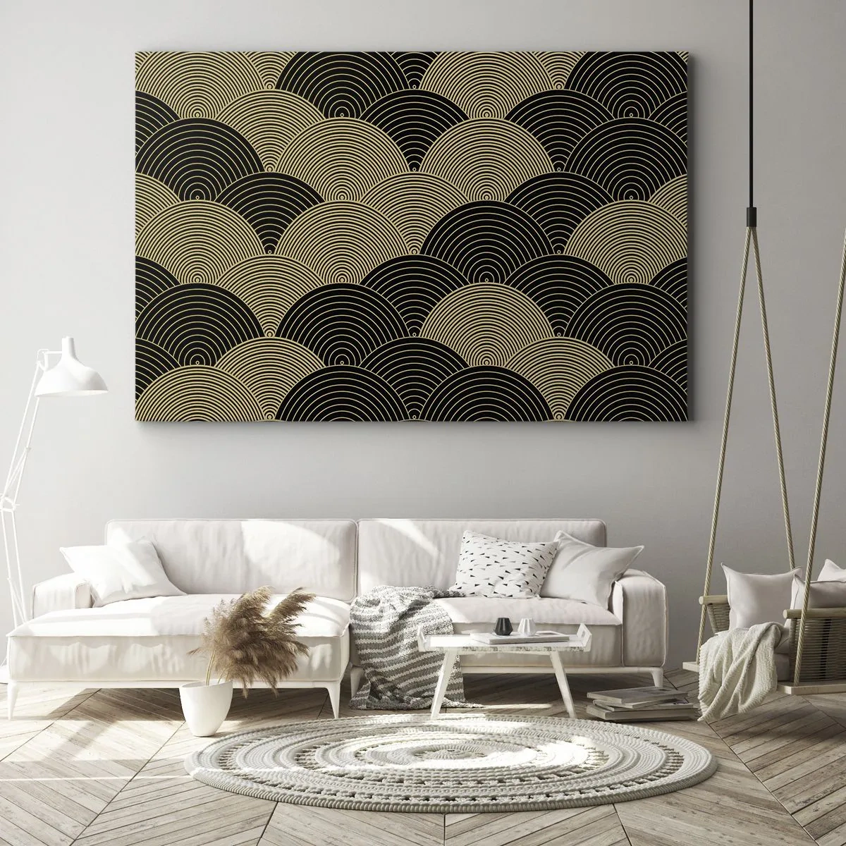 Obraz na płótnie - Wzór w stylu art deco z półokręgami i złotymi liniami - 70x50cm - Jedność w wielości - Nowoczesna dekoracja ścienna do salonu i sypialni ARTTOR
