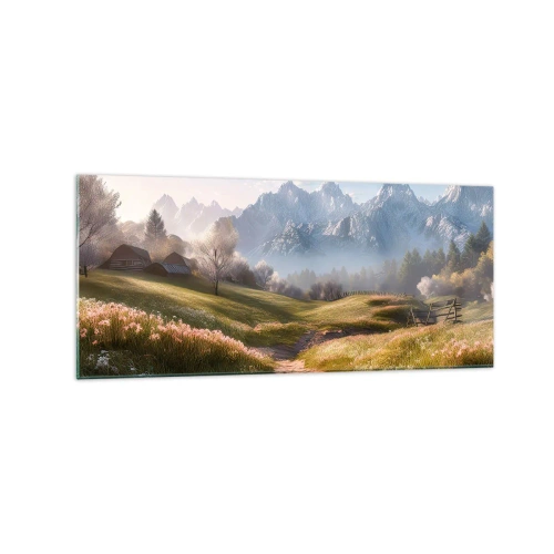 Obraz na szkle - Górska dolina z łąkami, chatami i widokiem na szczyty - 120x50cm - Sielska dolina - Nowoczesna dekoracja ścienna do salonu i sypialni ARTTOR