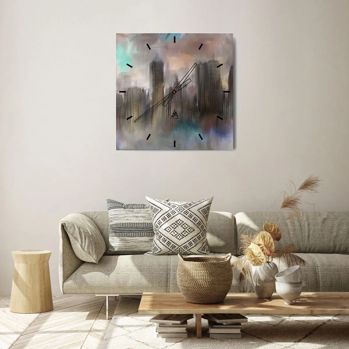 Zegar ścienny - Kompozycja ze stali, kamienia i mgły - 30x30 cm